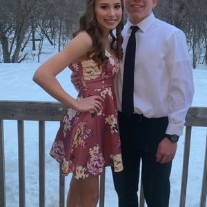 dusty rose floral deep v neck homecoming dress